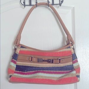Rosetti Tan and Pink Shoulder Bag with Crescent Shape Faux Straw Look